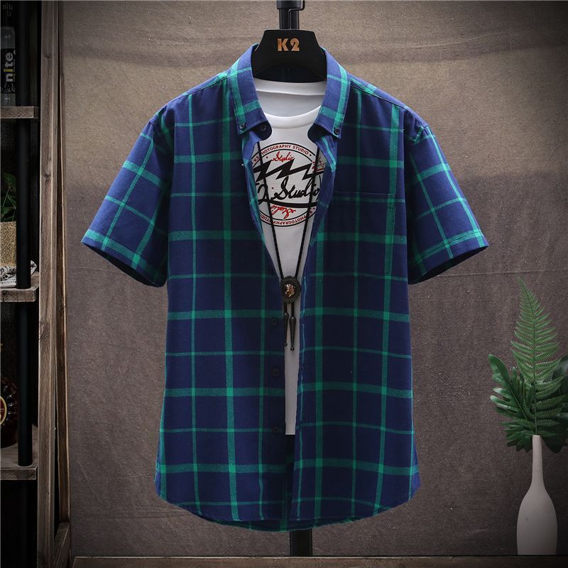 패션 프린트 라펠 스플라이스 포켓 격자 무늬 셔츠, 남성 의류, 2023 여름, 오버사이즈 캐주얼 상의, 루즈 반팔 셔츠, 신제품