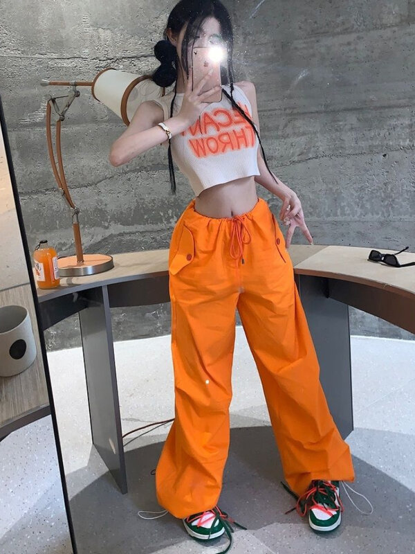 Y2K-pantalones Cargo de pierna ancha para mujer, Pantalón recto holgado, informal, con bolsillos, color naranja, moda coreana