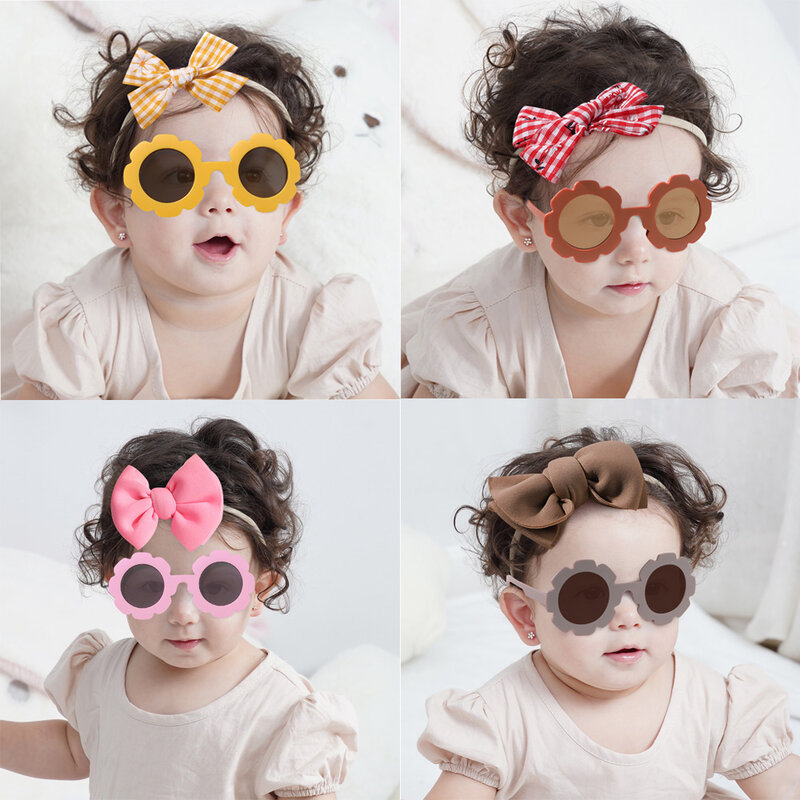 Kinder Kopf bedeckung Brille Set solide weiche Bowknot Stirnbänder Mädchen Spitze Haars pange Retro Sonnenbrille Kinder Haars pange Haarband Sets