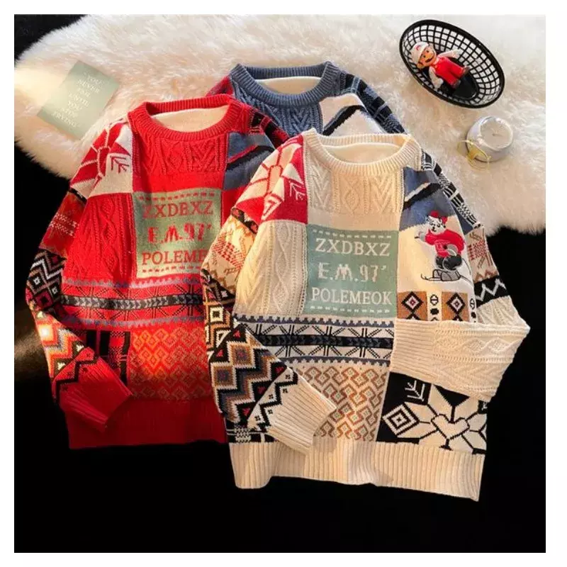 メンズクリスマスぬいぐるみセーター、厚手の暖かいニットシャツ、アメリカンルーズファッション、カップルコスチューム、冬
