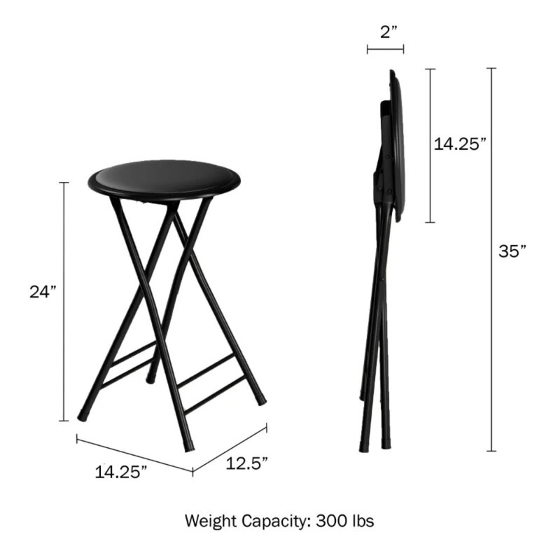 Taburete de Bar de 24 pulgadas de altura, silla plegable sin respaldo con capacidad de 300LB, negro, Juego de 2