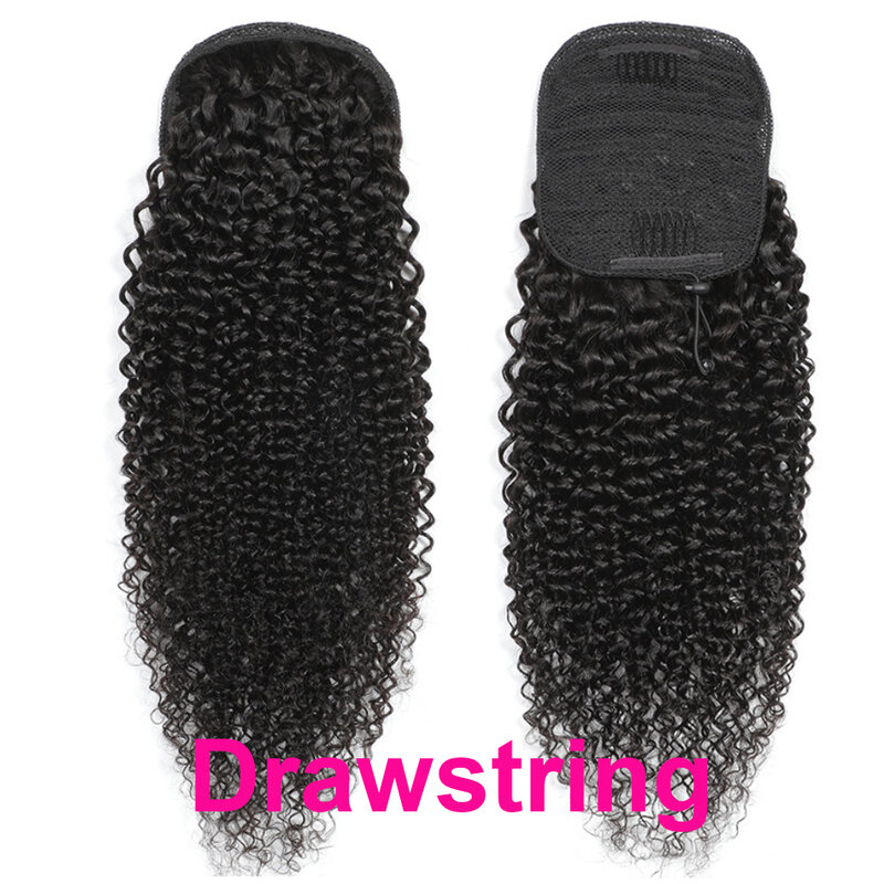 Coleta larga y rizada con cordón para mujer, extensiones de cabello humano Remy peruano, color negro Natural