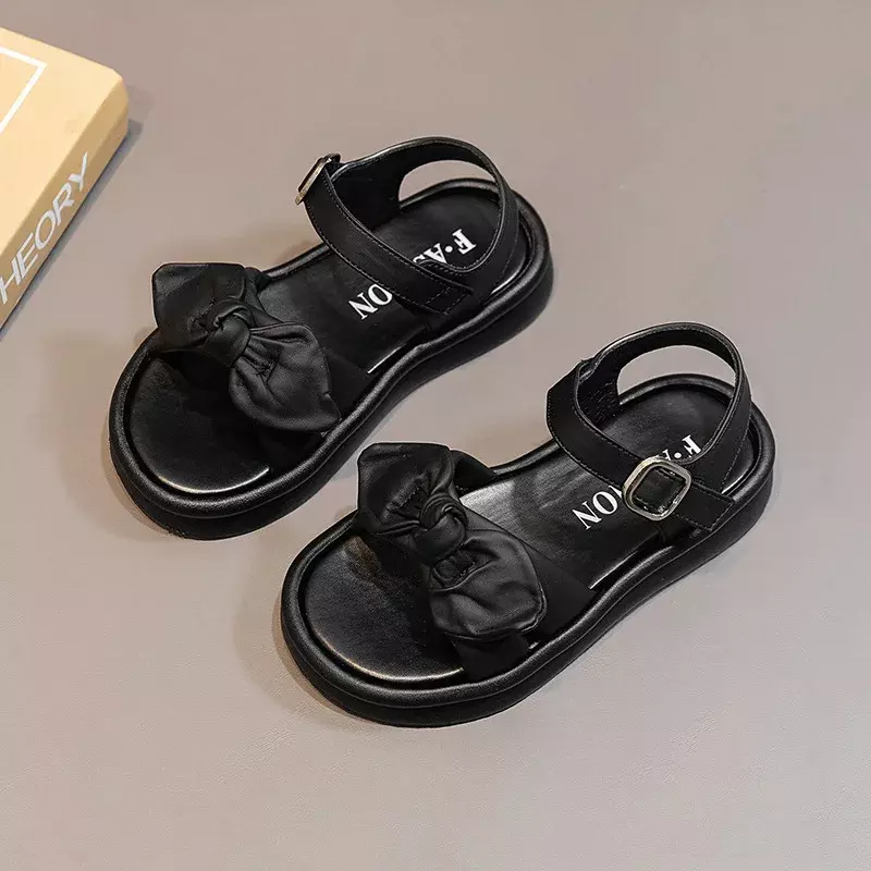 Sandálias infantis de praia de dedo aberto, sapato preto simples feminino, gravata borboleta de cor sólida, sapatos escolares casuais, moda infantil, novo, 2024