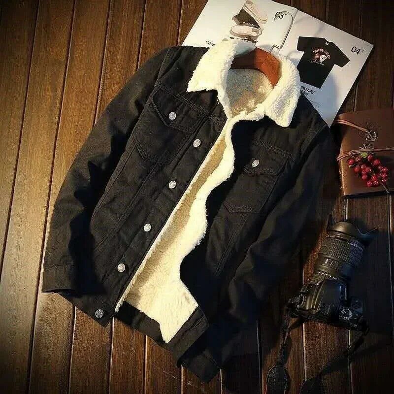Autumn and Winter New Men Fashion Trend Lamb Cashmere Denim Jacket Male Casual Comfort Thick Warm High Quality Overcoat Thermal
