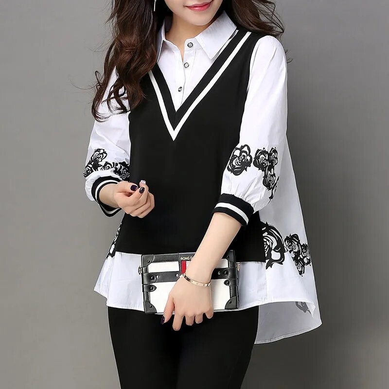 Korea wanita ukuran besar lemak mm tujuh poin lengan palsu dua potong kemeja atasan mantel wanita Korea Fashion Pullover bawah blus
