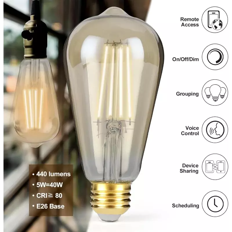 OPPLE Vintage Smart LED Lâmpada, Lâmpadas Edison, Wifi, Bluetooth, Edison, Alexa, Google Home, ST19, E26, 110V, 40W, 4PCs
