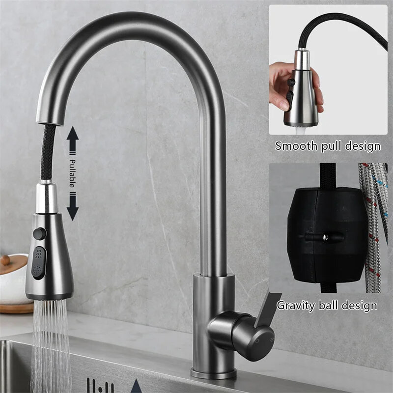 Kitchen Faucets Brushed Nickel Pull Out Kitchen Sink Water Tap Deck Mounted Mixer Stream Sprayer Head Hot Cold Taps Sliver