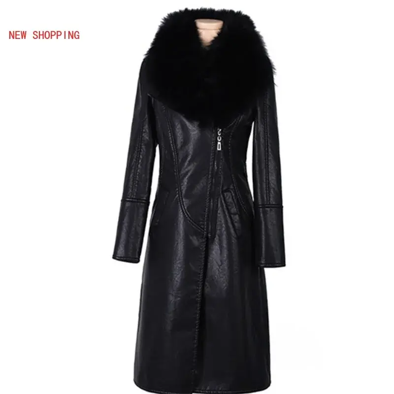 Зимнее женское длинное пальто из искусственной кожи PU с поясом, повседневное тонкое пальто размером 5XL, черная куртка с воротником из искусственного меха, теплое бархатное пальто