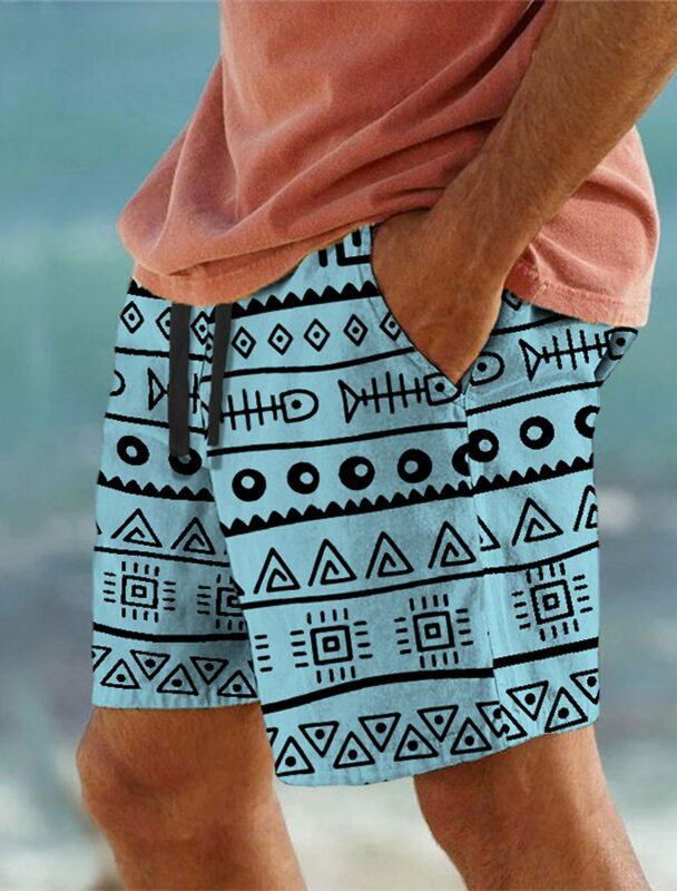 Calção de praia respirável masculino, cordão elástico na cintura, curto estampado em geometria 3D, streetwear diário, estilo étnico