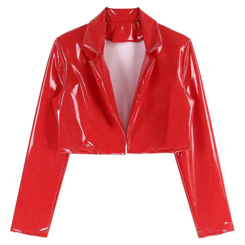 Mens Motorcycle Patent Leather Jacket Wet Look Long Sleeve Lapel Cropped Coat for Party Music Festival Clubwear Men's Clothing