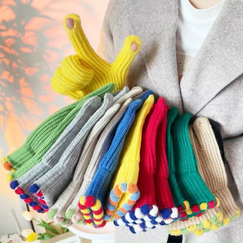 한국 다섯 손가락 확장 터치 스크린 장갑, 순수한 색상 니트 두꺼운 장갑, 여성용 선물 액세서리
