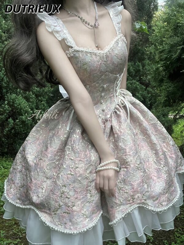 Japanese Style Lolita Cute Elegant Fairy Pearl Waist Slimming Ballet Sling Dress Summer JSK Sweet Girl Tube Top Dresses