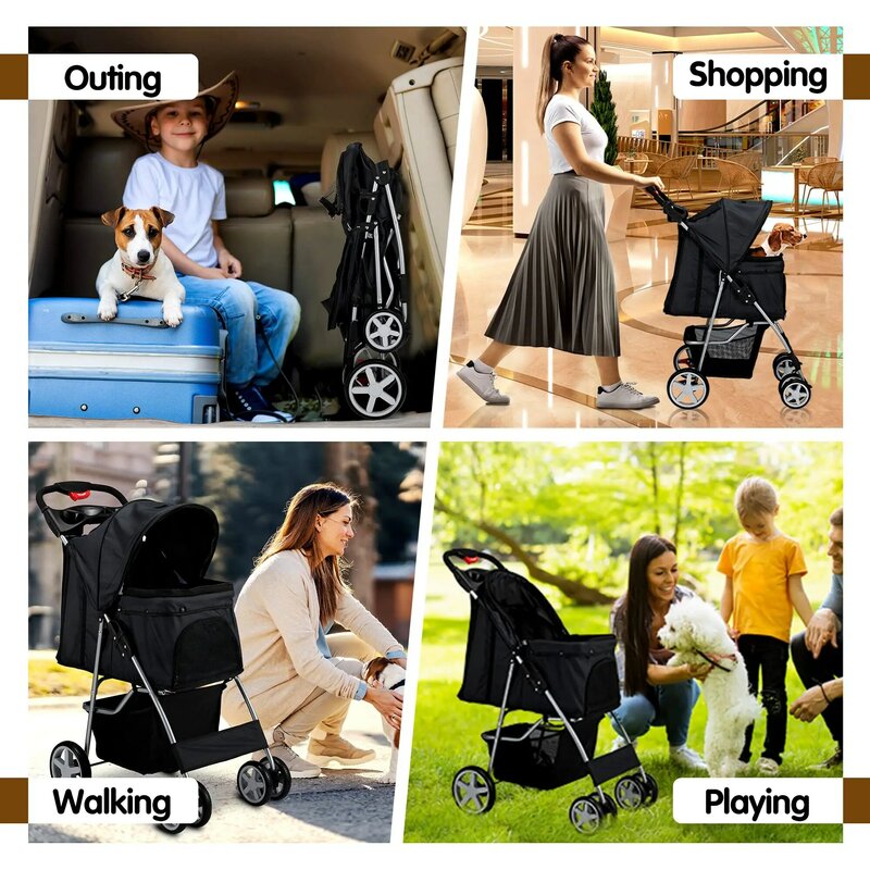 Blue 4 Wheel Folding Dog Cat Stroller for Medium/Small Pets, Jogger Stroller