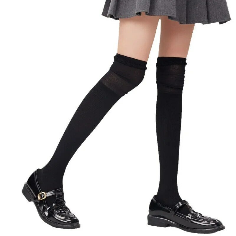 심플한 코디하기 쉬운 여성 종아리 양말, 블랙 앤 화이트 그레이, 얇은 코튼, 한국 스타일 무릎 양말, 날씬해 보이는 미인, 용수철 여름