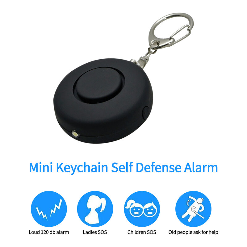 Gantungan kunci Alarm keselamatan pribadi lingkaran Mini, Gantungan Kunci Alarm 120 dB dengan senter LED untuk wanita anak perempuan orang tua luar ruangan