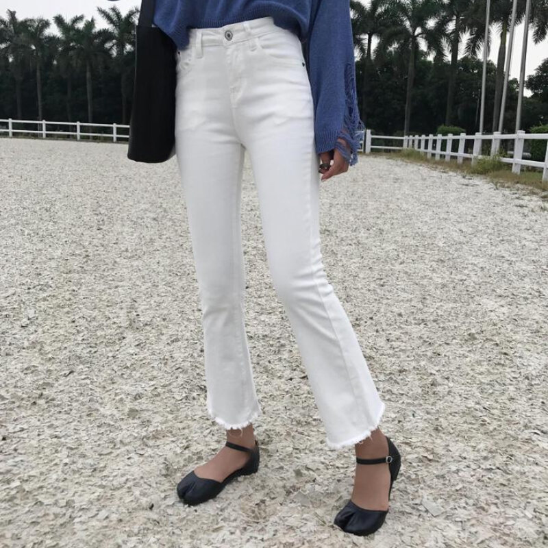 Jeans Berpinggang Tinggi Panjang Pergelangan Kaki Berlapis Bulu Biru Mode Baru Celana Panjang Denim Lim-Fit Kasual Wanita Celana Panjang Bel Antik Wanita