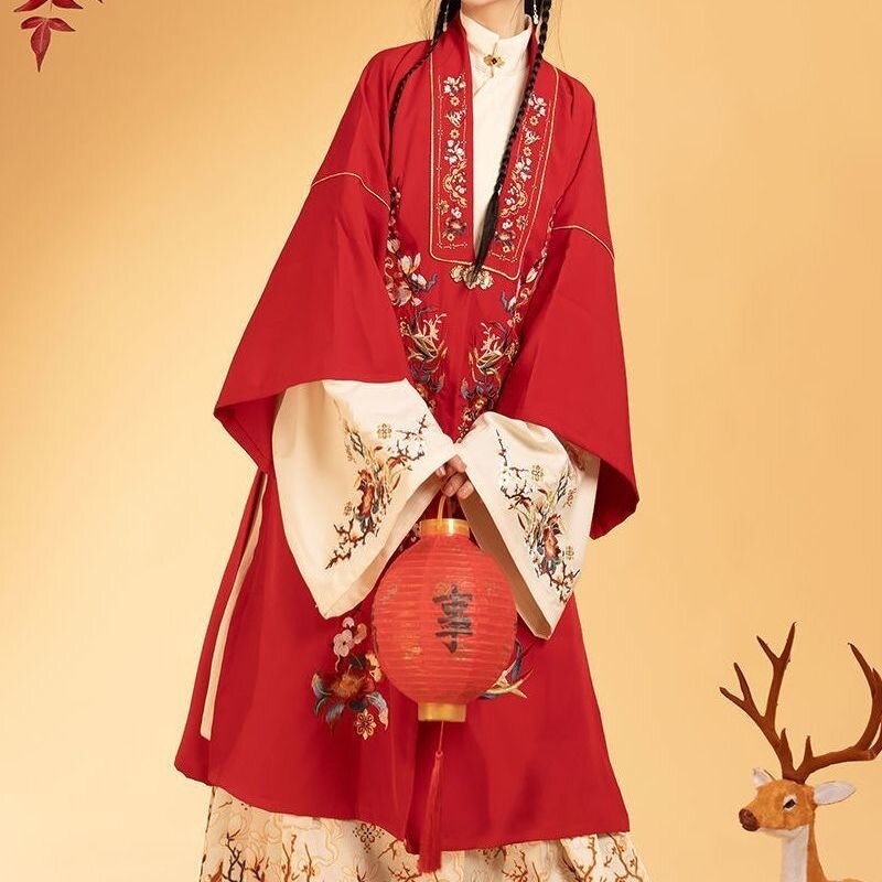 Classical Elegant Dignified Hanfu Women's Ming System Stand Collar Oblique Lapel Long Coat Horse Face Skirt Autumn Winter Models