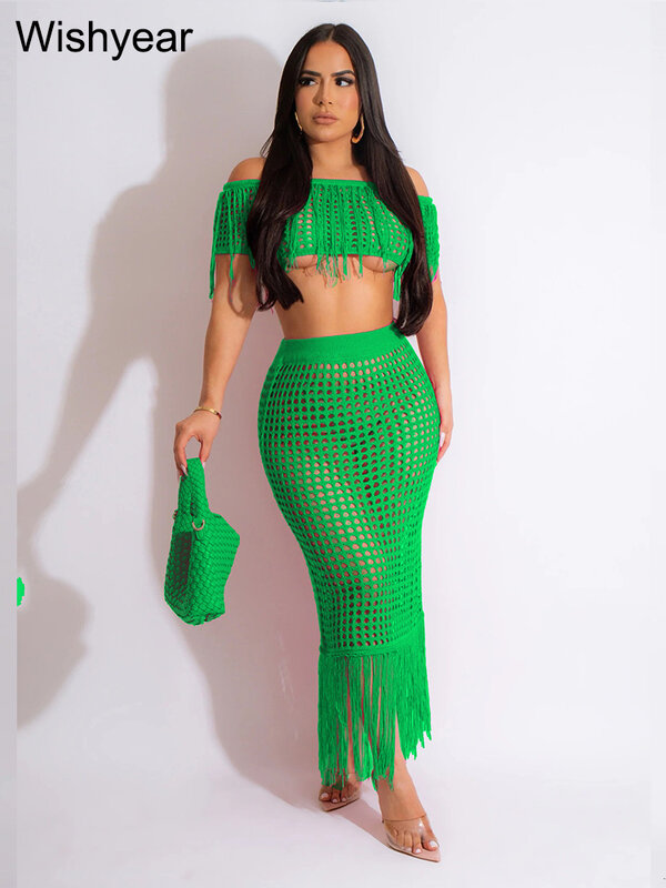 Sexy Solid Tassel Off Shoulder Crop Top and Long Skirt New In Two Piece Matching Dress Set For Women Summer Beach Party Clothes