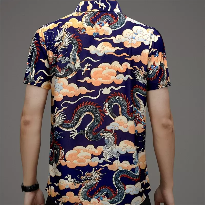 Рубашка мужская с короткими рукавами, свободная универсальная летняя рубашка из ледяного шелка с принтом дракона в китайском стиле