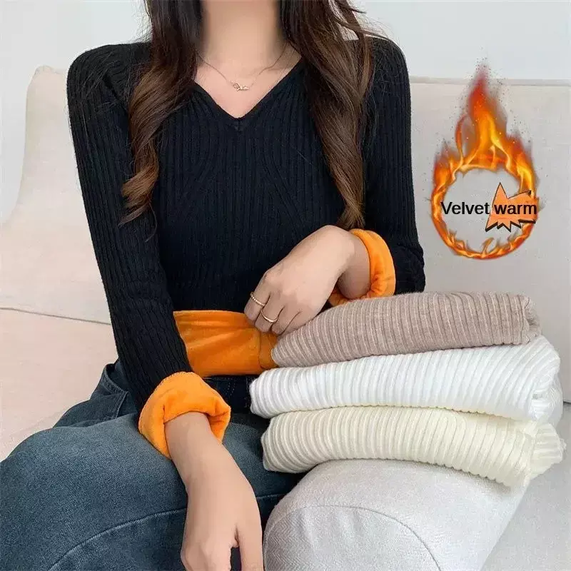Bottoming Color Top Winter Knitted Thickened Thermal Underwear Long-sleeved Velvet Women V-neck Sweater Shirt Solid