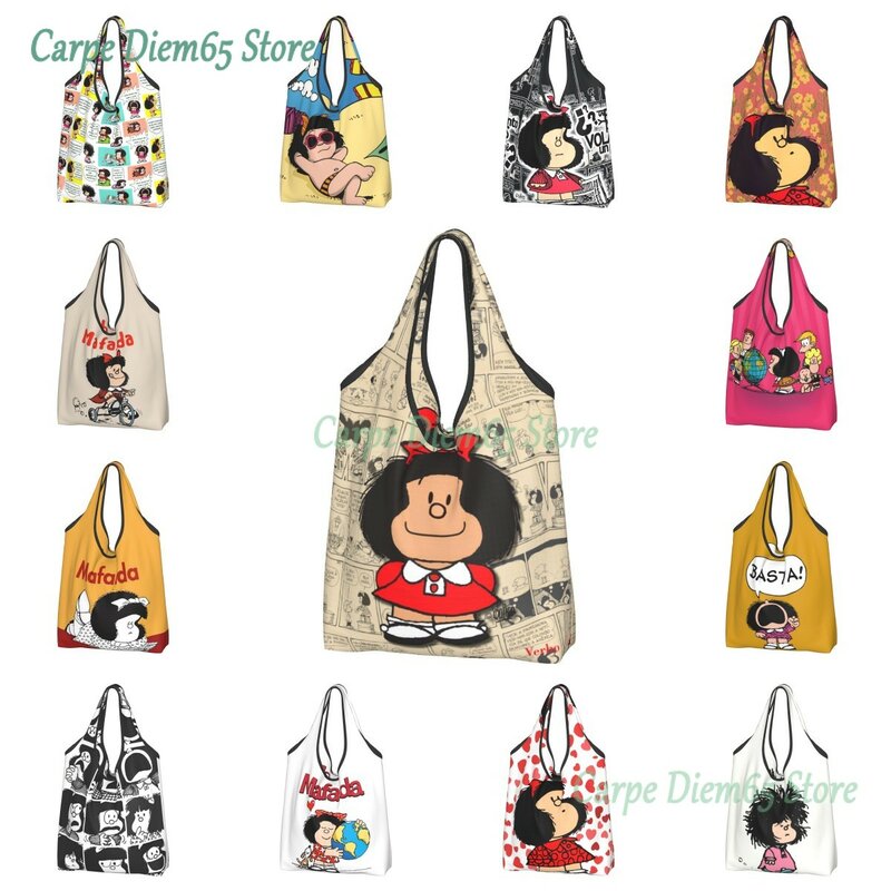 Vintage Mafalda Manga Grocery Shopping Bags Kawaii Shopper Tote borse a tracolla grande capacità portatile Quino Comic Cartoon Handbag