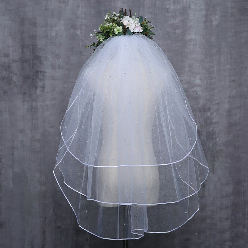 High Quality Bridal Wedding Veils Soft Bridal Illusion White Ivory 3T Ribbon Edges Pearls