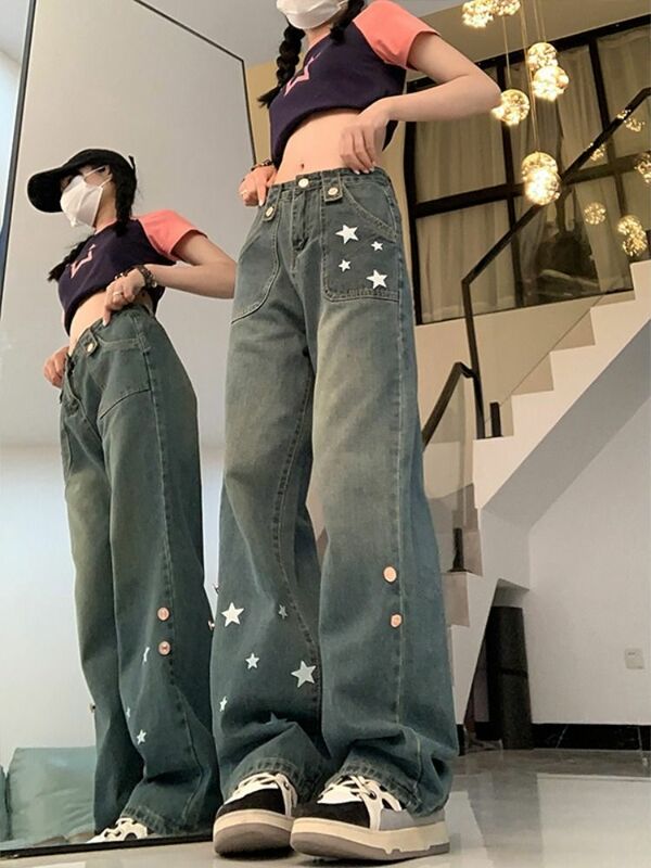 Sterprint Jeans Vrouwen Vintage Streetwear Casual Meisjesachtige Hoge Taille Zomer Unieke Koreaanse Stijl Losse Mode Harajuku Wijde Pijpen