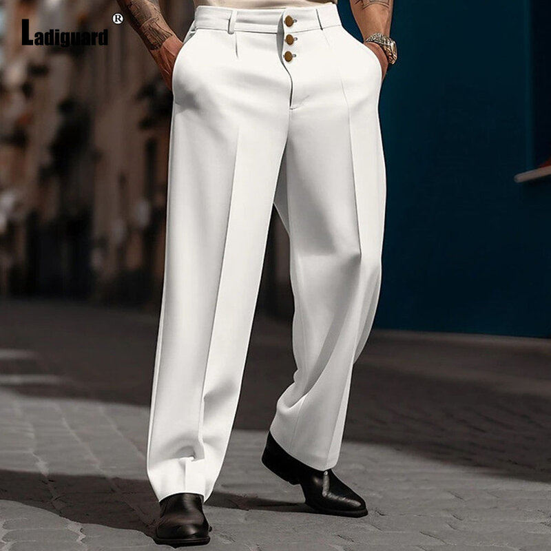 Pantaloni eleganti a gamba larga con tasca in piedi da uomo pantaloni da festa formali bianchi solidi Plus Size 3xl pantaloni da tuta con bottoni tripli moda uomo