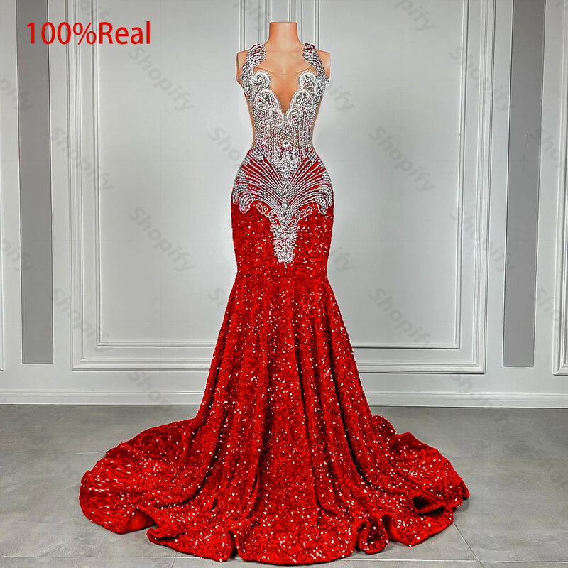 Gaun Prom putri duyung payet merah berkilau 2024 gaun Prom Panjang leher tipis manik-manik kristal perak mewah untuk Gadis hitam