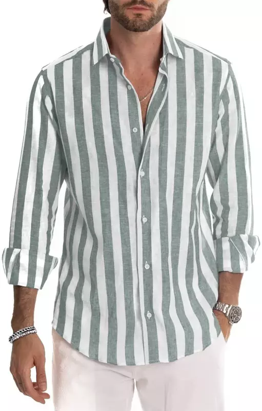 Camisa estampada listrada de manga comprida masculina, material macio e confortável, cor sólida, top de moda clássico havaiano, novo, 2023