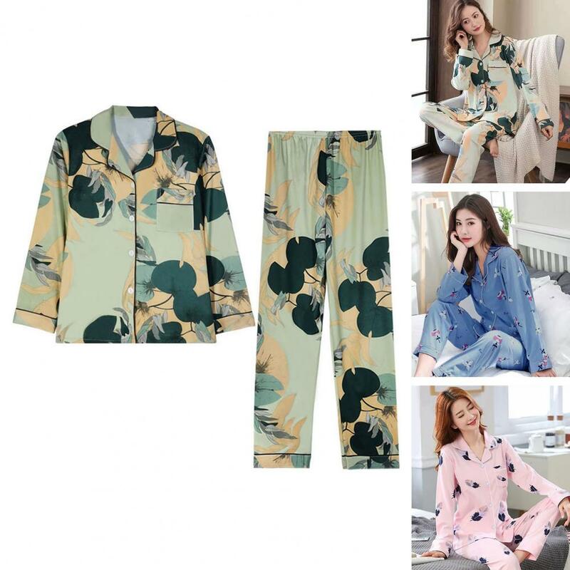 Conjunto de Top y pantalón Jacquard para mujer, ropa de estar por casa, pijama con cuello de solapa y cintura elástica, color liso, Primavera