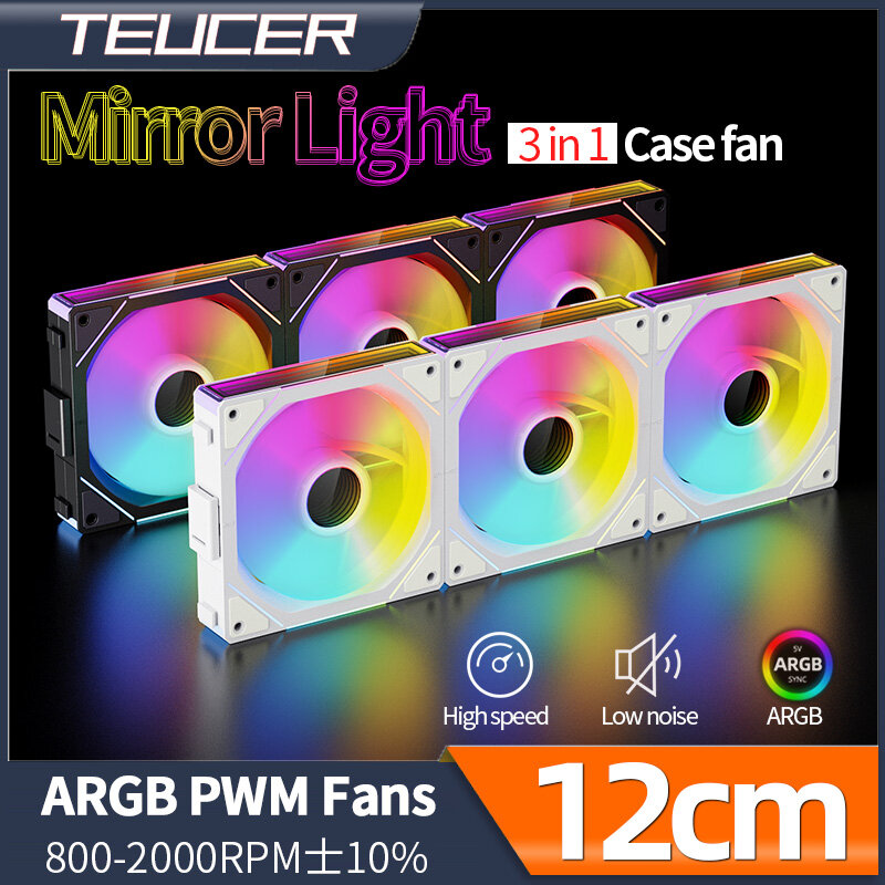 Teucer JM-1 PC 케이스 선풍기 미러 사이클 ARGB 라이트, 120mm, 3in 1, 800-2000rpm, 12V, 5 핀 PWM, 저소음 섀시 수냉식 환풍기