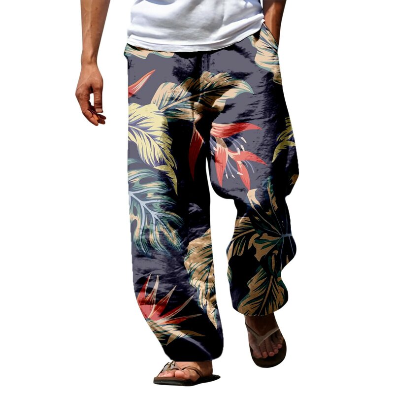 Mens Pants Casual Versatile All Print Loose Plus Size Pants Fashion Beach Pocket All Print Printed Tether Long Wide Leg Pants