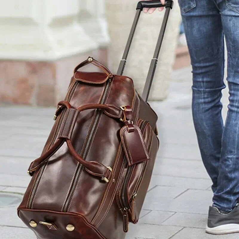 Business Trips Leather Trolley Luggage Vintage Top Layer Cowhide Large Capacity Luggage with Wheels 롤러 박스
