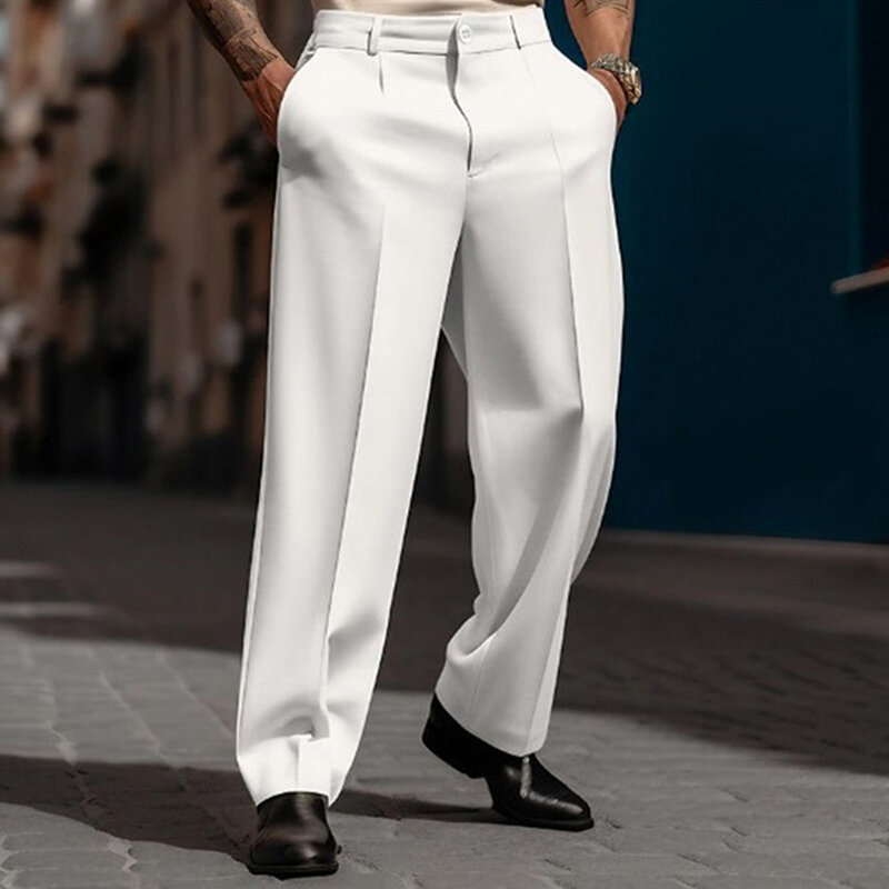 Male Trousers Men Commuting Office Pocket Skin-friendly Straight Vintage Wide Leg Business Daily Durable Elegant