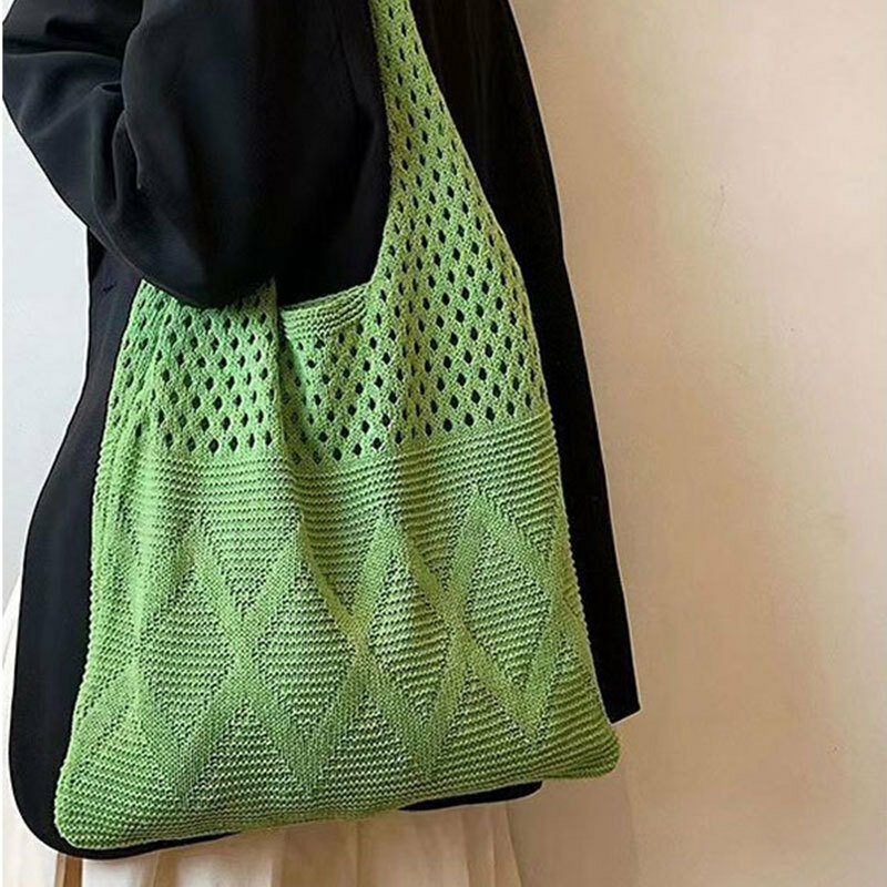 Bolsa de ombro de malha oco para mulheres, tecido de lã, grande capacidade, bolsa casual para compras, bolsa de praia de verão 2024