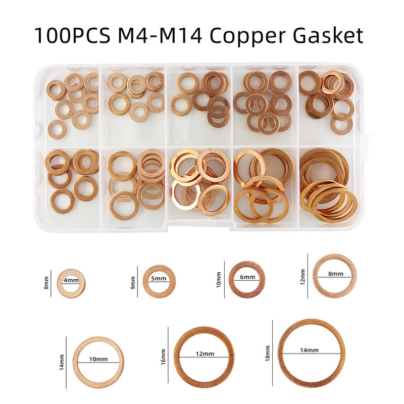 Copper Washer Junta Porca e Parafuso Set, Flat Ring Seal Variedade Kit com Caixa, Sump Plugs, M4, M5, M6, M8, M10, M12, M14, 100 Pcs, 200Pcs