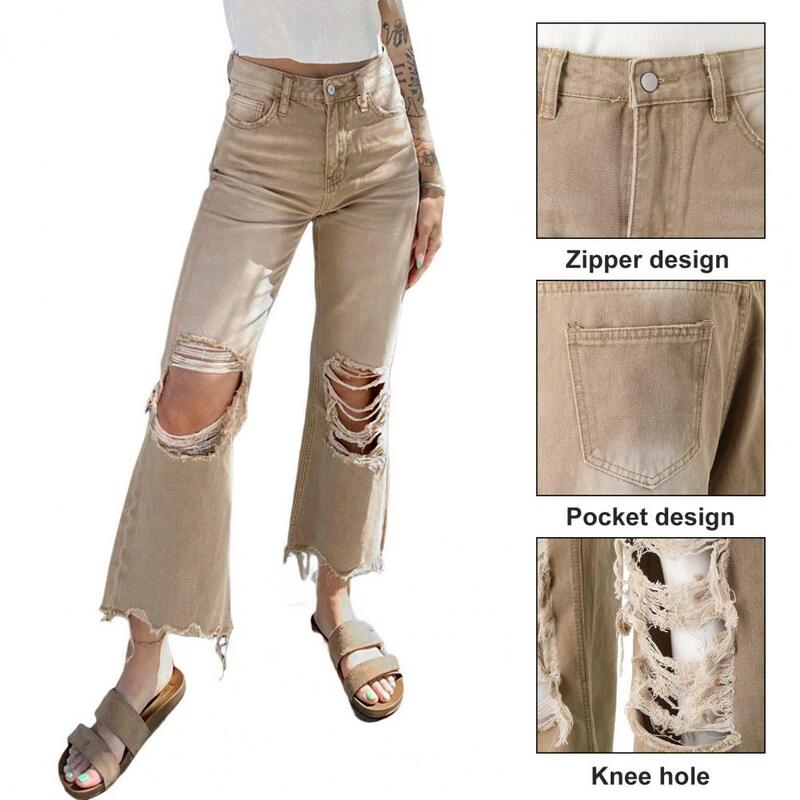 Female Streetwear Vintage High Waist Women's Ripped Flared Jeans Distressed Denim Pants with Patch Pockets Loose Wide for Women
