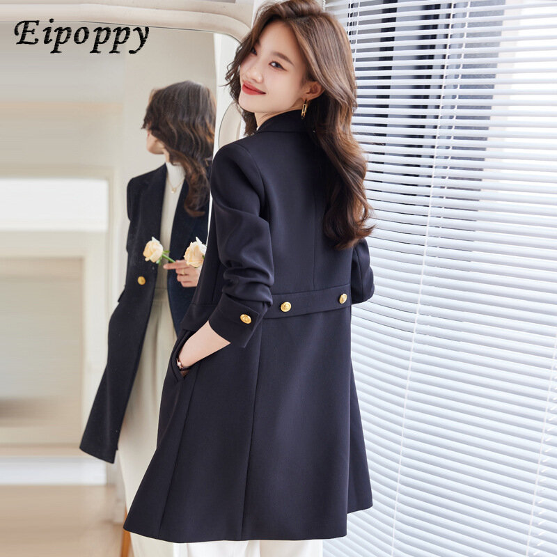 여성용 중간 길이 세트 트렌치 코트, 두꺼운 스몰 캐주얼 코트, 블랙, 가을 및 겨울, 올해 인기 신상