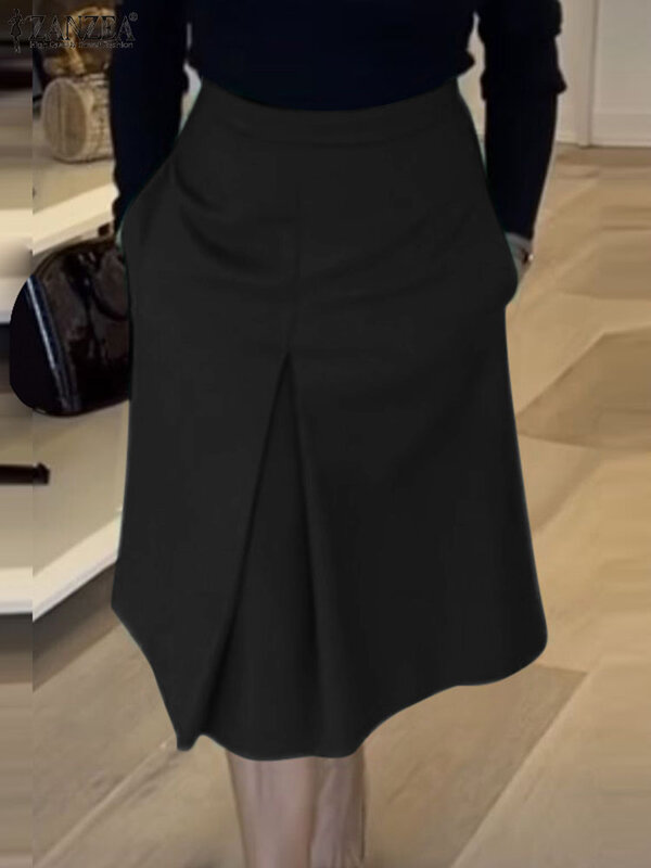 ZANZEA Elegant Summer Skirts Women 2024 High Waist Fashion Solid Color Bottom Pockets Casual Pleated Knee-length Skirts Oversize