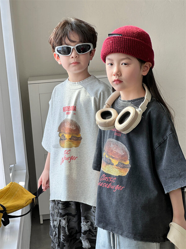 한국 2024 여름 소년 상의, 햄버거 인쇄, 느슨한 유아, 라운드 칼라, 면, 멋진 만들기, 오래된 어린이 티셔츠