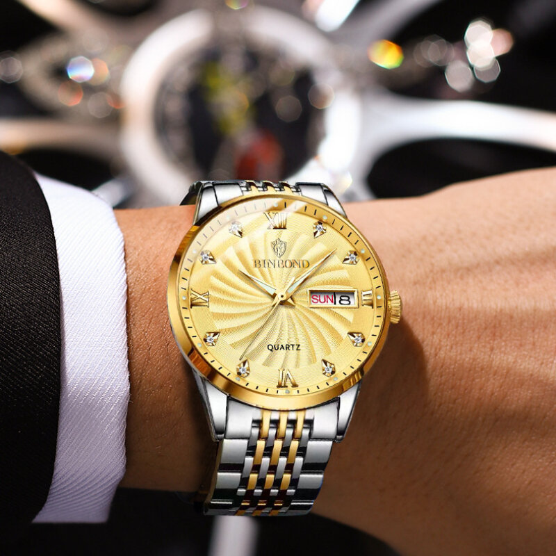남성용 골드 스테인리스 스틸 솔리드 스트랩 쿼츠 손목시계, 야광 손목시계, 주간 날짜, 패션 럭셔리 브랜드