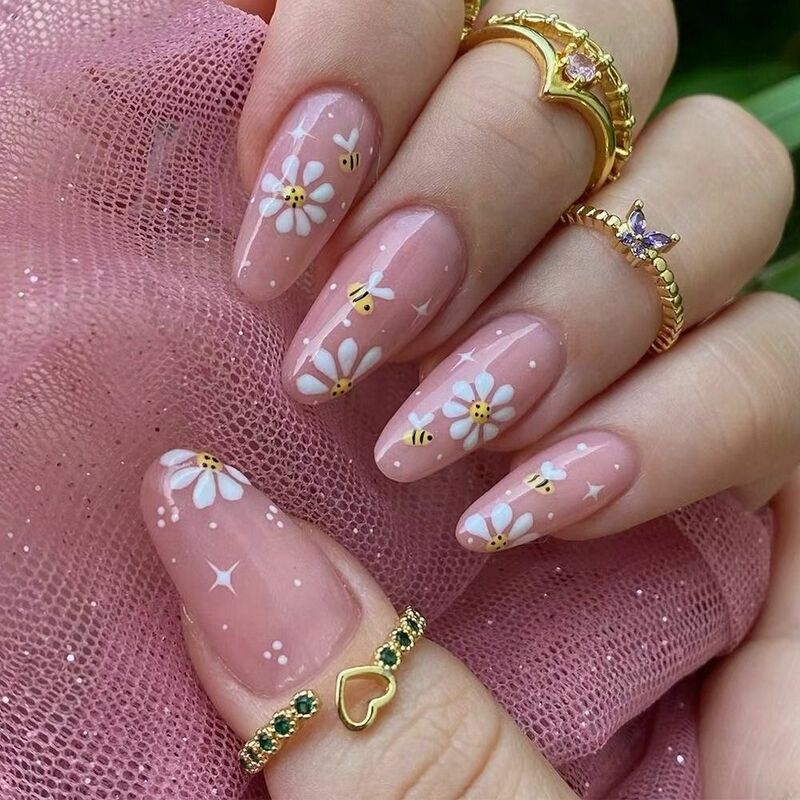 24pcs Long Almond False Nails French Bow Tie Pearl Summer Bee Flower Glitter Gradient Press on Nails DIY Detachable Nail Tips
