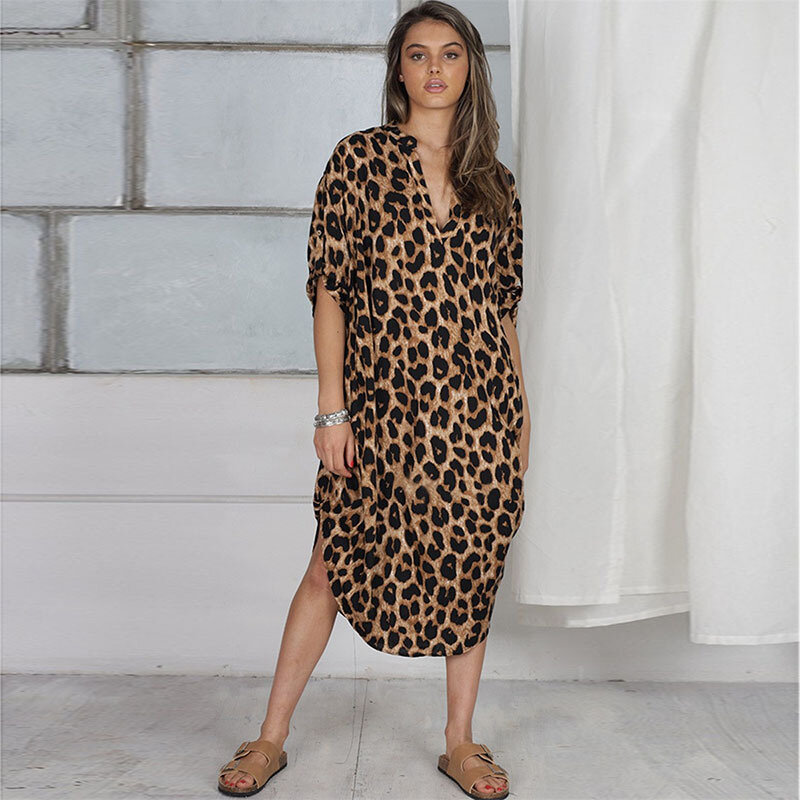 Kaftan Leopard Bikini Cover-Up Kasual V-neck Gaun Maxi Wanita Pakaian Pantai Pakaian Renang Menutupi Longgar
