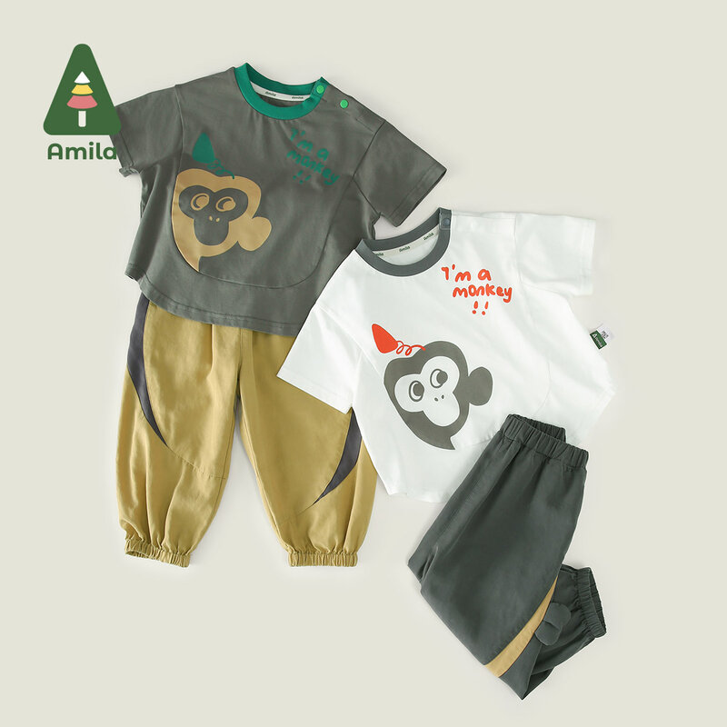 Amla-Ensemble d'été pour bébés garçons, coton, imprimé singe, dessin animé, manches courtes, pantalon, vêtements pour enfants, 0-6 ans, nouveau, 2024