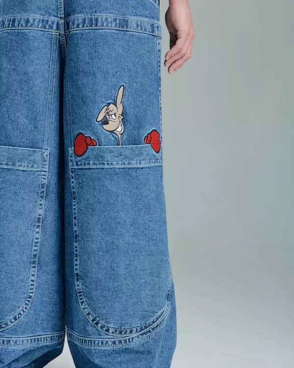 2024 jeansy w stylu Retro JNCO z haftowanym spersonalizowanym wzorem kangura Jeans niebieski czarny odzież uliczna modne spodnie Harajuku