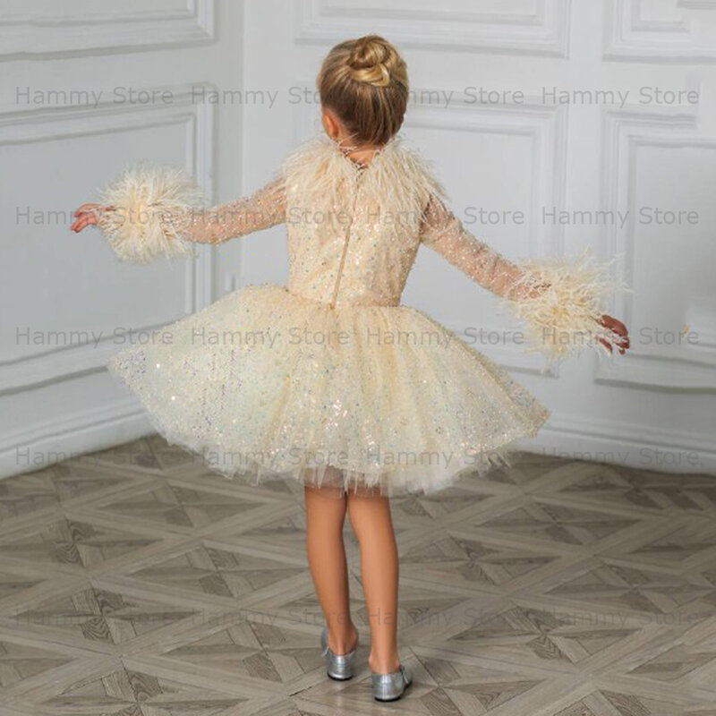 Girls Christmas Party Gown Feathers High Neck Long Sleeves Glitter Tulle Cute Tutu Dance Dresses Champagne Flower Girl Dress