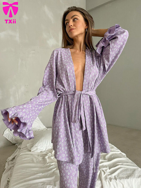 Crucii-Ensemble de pyjama sexy à col en V pour femmes, vêtements de nuit College, nuisette à manches longues, pantalon à lacets, 2 pièces
