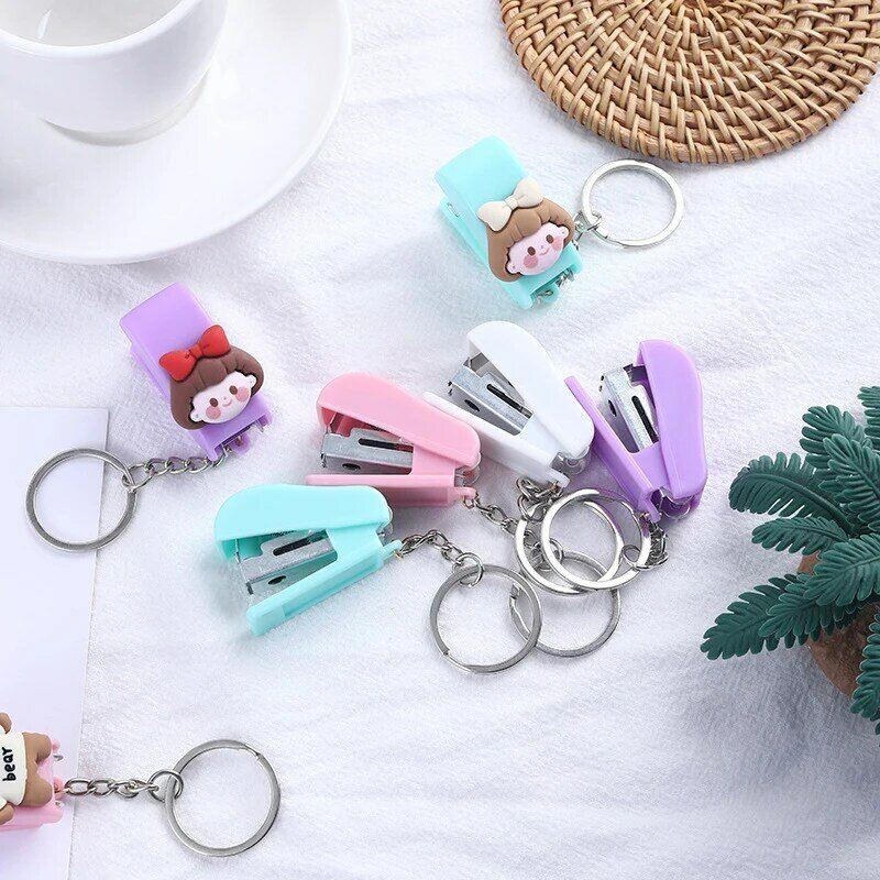 Macaron Color Cute Cartoon Mini Stapler Key Chain Student Creative stapler Convenient Key Ring Pendant