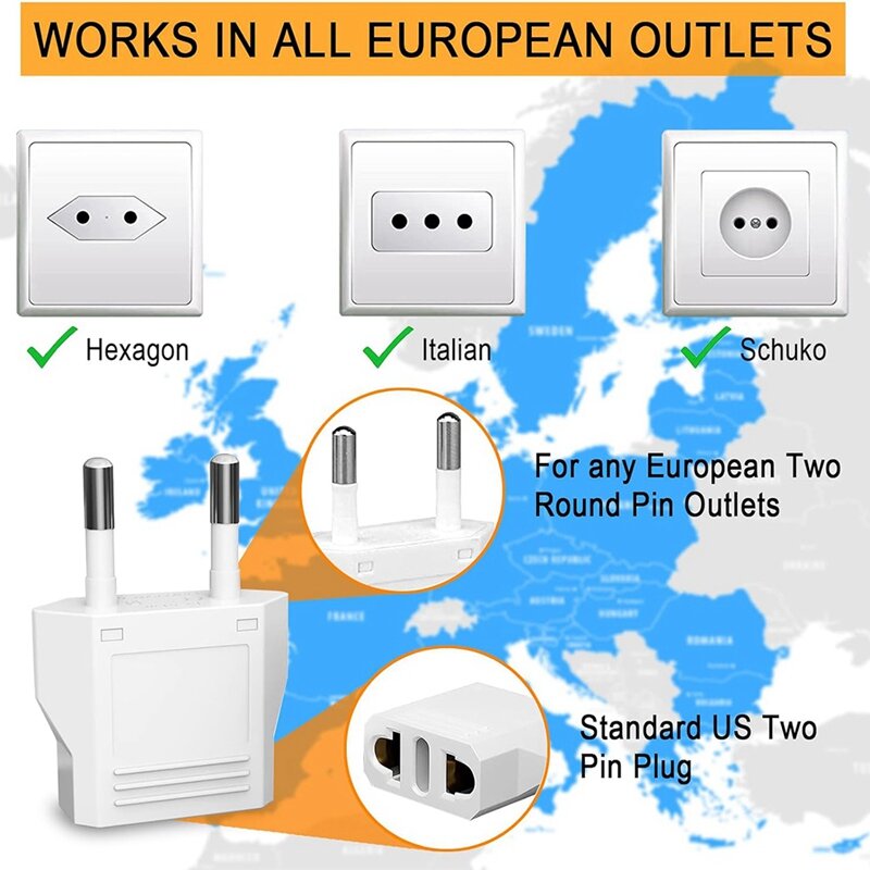 Adattatore per spina bianca 20 pezzi adattatore per spina US To Europe, adattatore per spina europea di tipo C da viaggio, spina europea per convertitore di alimentazione europa